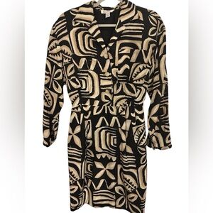 Vintage Gillian Silk Abstract Print Dress Womens Size 10 Black Cream